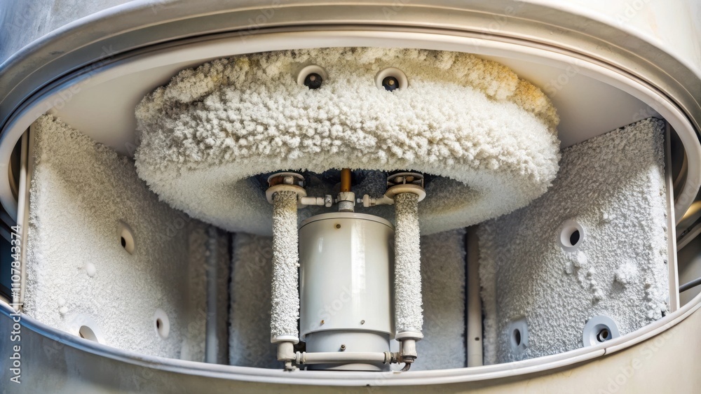 Poster close-up of a heavily frosted industrial cooling system with visible internal mechanisms and a thick