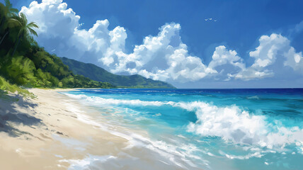 Idyllic beach shore with turquoise water and soft white sand for a perfect tropical escape