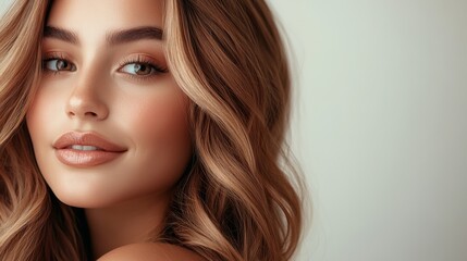 Fototapeta premium A captivating portrait of a woman with radiant complexion and softly curled hair, exuding a serene and confident expression in a simple, elegant style.