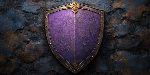 Intricate purple shield with golden accents displayed against a textured stone wall