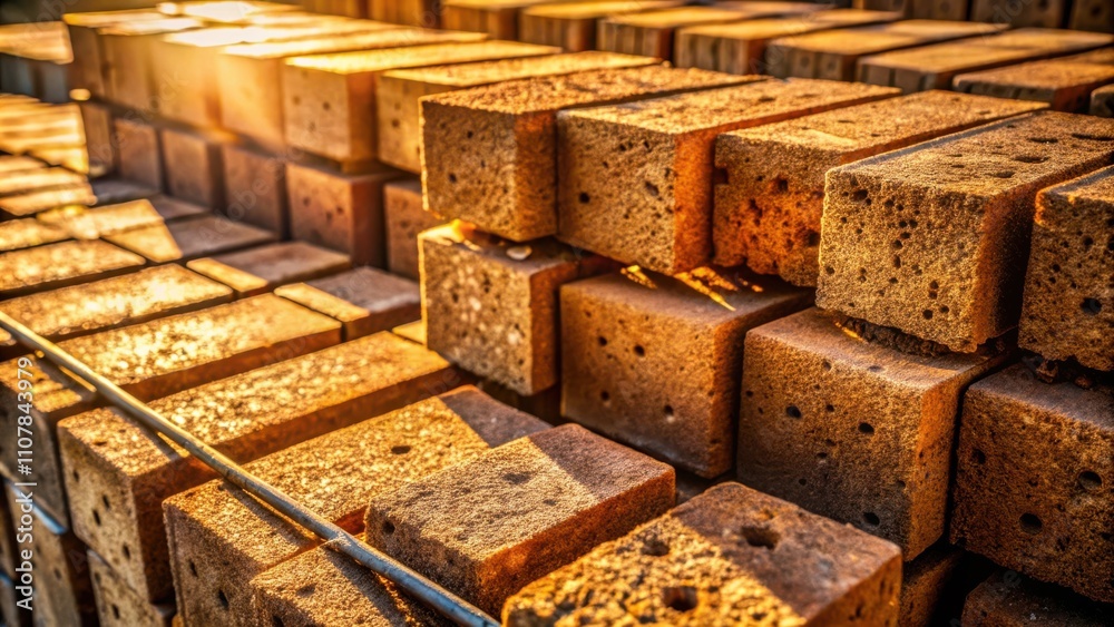 Aufkleber A stack of rectangular bricks bathed in the warm glow of the setting sun, each brick exhibiting a rough, textured surface with subtle imperfections, revealing the story of their creation and purpose
