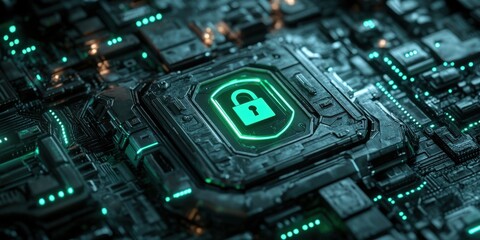 Fototapeta premium Digital security technology design showcasing a glowing lock symbol on a circuit board