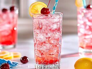 A vibrant cherry and lemon beverage garnished with a cherry and lemon slice in a tall glass filled with ice, perfect for a refreshing summer drink setting.