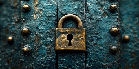 Vintage padlock on an aged door exudes mystery and history in a forgotten place