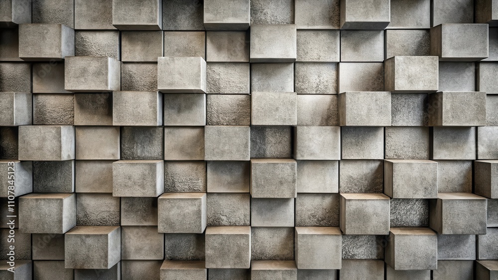Leinwandbilder A textured wall of gray cubic blocks creates a geometric pattern with alternating sizes and light patterns.