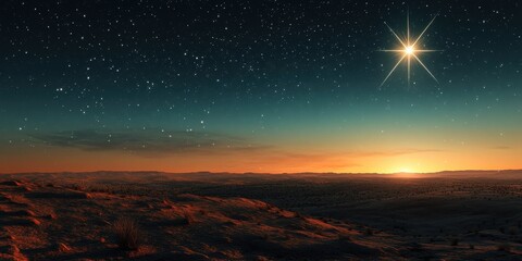 Obraz premium Starlit horizon at dusk with a brilliant star illuminating the tranquil landscape. Jesus child born