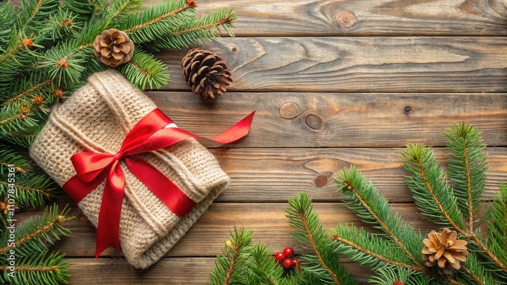 Poster a wrapped gift decorated with a red bow resting on a rustic wooden background surrounded by evergree