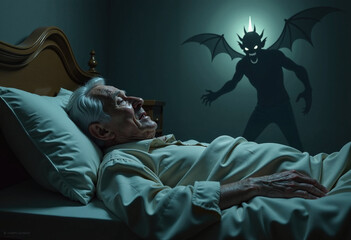 An elderly man having a nightmare with images of demons in his dream, lack of sleep, insomnia.