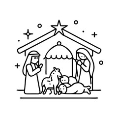 nativity scene icon, christmas illustration, holiday icon - simple black line art of anativity scene , symbolizing holiday celebrations and festive spirit.
