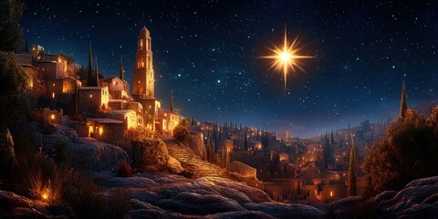 Fototapeta premium Twinkling stars illuminate a charming town under a radiant Christmas star on a serene winter night. Jesus child born