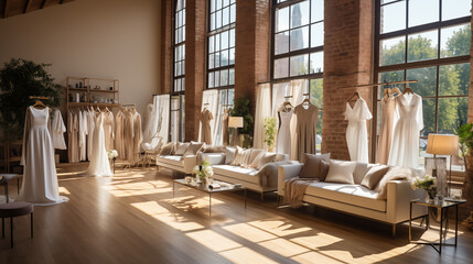 Large spacious store with beautiful dresses, fashion and style concept