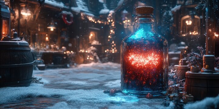 Magical elixir glows brightly in a festive winter market, enchanting the quiet night with its vivid colors and warmth