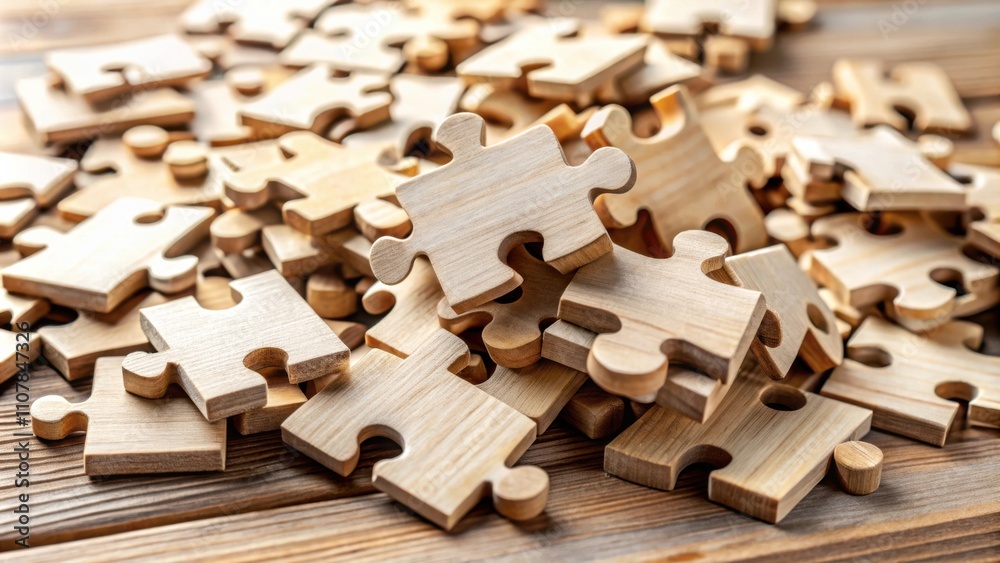 Poster close-up of wooden puzzle pieces scattered on a wooden surface, representing the interconnectedness 