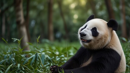 Fototapeta premium Majestic giant panda sitting in lush bamboo forest.