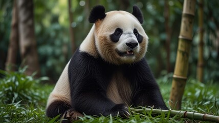 Giant panda sitting in lush bamboo forest.