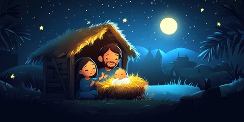 Joyful family gathered around a newborn under a starry sky in a serene landscape during a peaceful night