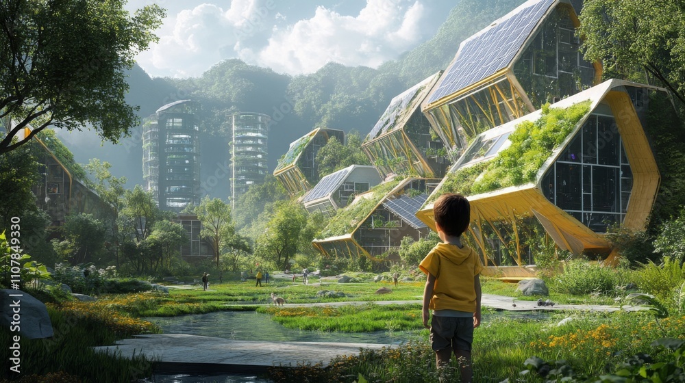 Poster a child gazes at unique eco-friendly homes integrated with greenery and solar panels in a lush, futu