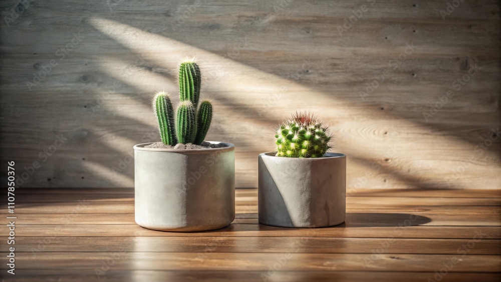 Poster two potted cacti in front of a wood background with beams of sunlight shining through