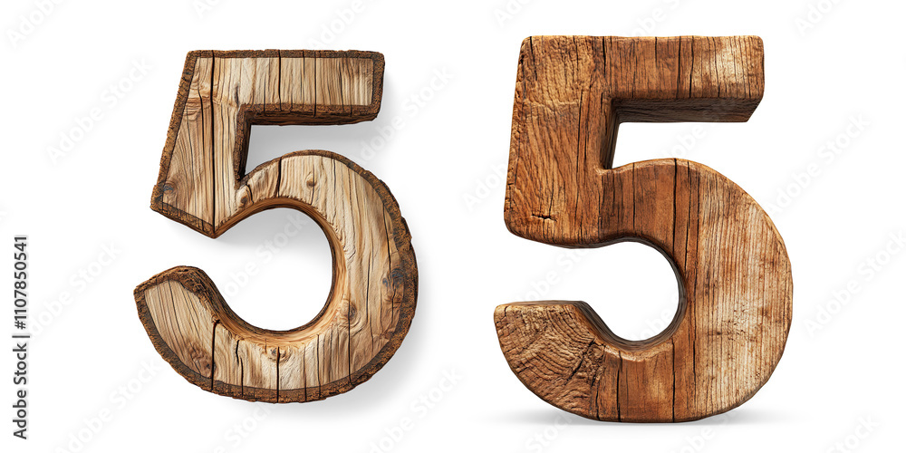 Fototapete 3d wooden number five with textured surface on a transparent background