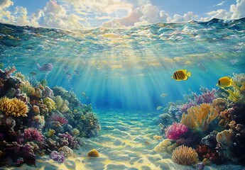 Obraz premium Vibrant Underwater Scene with Colorful Coral Reef and Tropical Fish Illuminated by Sunlight Streaming Through Ocean Waves