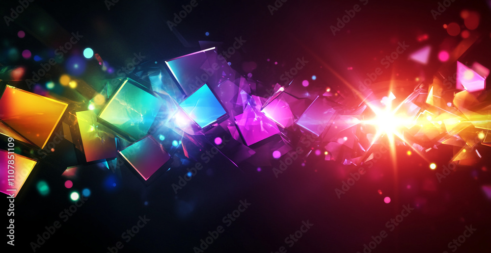 Poster Colorful abstract geometric shapes creating light reflections on a dark background
