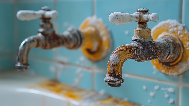 compare the images of the dirty stainless faucet cover with the hard calcium water stain in the bathroom before and after cleaning it with a special detergen