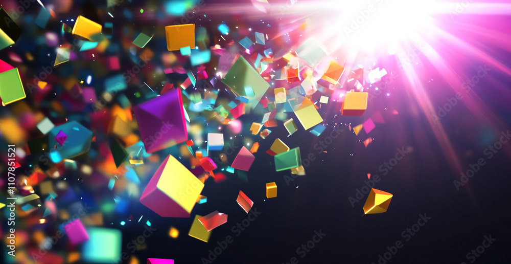 Poster colorful geometric shapes are bursting with energy in a vibrant, dynamic display of light and motion