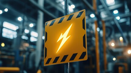 A bright yellow warning sign featuring a lightning bolt, indicating electrical hazards within an industrial setting.