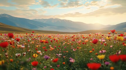 Field of flowers against the backdrop of mountains