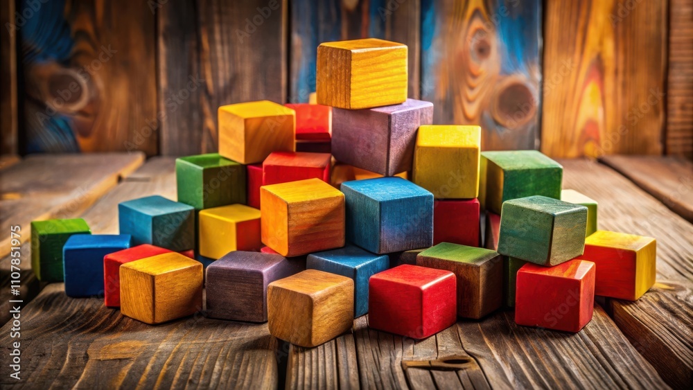 Aufkleber a chaotic pile of colorful wooden blocks rests on a weathered, rustic wooden surface, reflecting lig