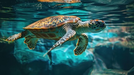 photograph of turtle, animal, sea, reptile, underwater, nature, blue, tortoise, green, water, brown, 