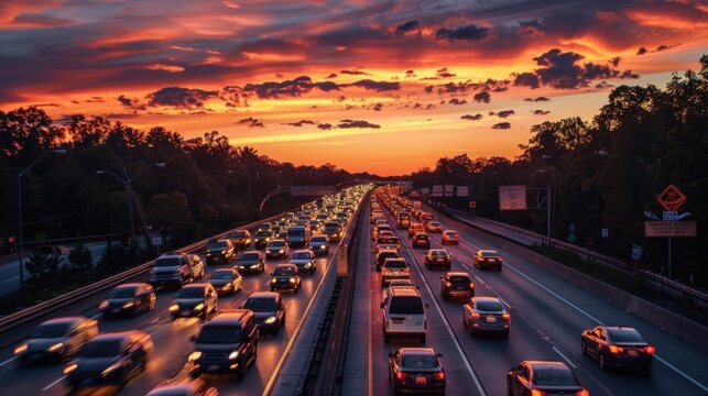photograph of Traffic jam on highway during sunset with colorful sky