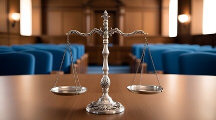 Scales of Justice Symbolizing Fairness, Law, Equality, Balance, and Integrity in the Courtroom Setting

