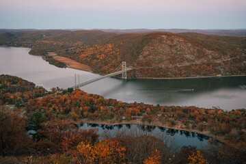 Autumn view of the Hudson River and Bear Mountain Bridge from Bear Mountain State Park, New York