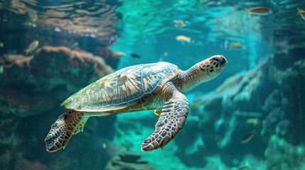 Obraz premium photograph of turtle, animal, sea, reptile, underwater, nature, blue, tortoise, green, water, brown, 
