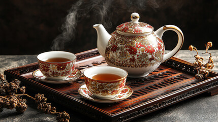 Fototapeta premium Traditional teapot and cups, porcelain teapot with red and gold patterns into matching cups