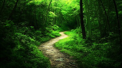Obraz premium Winding path through a serene bamboo forest surrounded by lush greenery during daylight