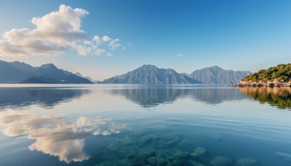 Serene mountain lake reflecting a tranquil sky.