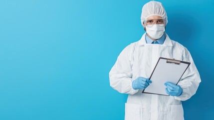 Fototapeta premium A healthcare professional in protective gear holds a clipboard against a bright blue background.
