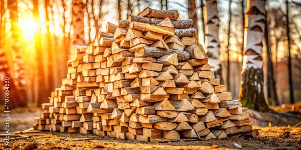 Poster a neatly stacked pile of firewood in a forest setting, bathed in the warm glow of a setting sun.
