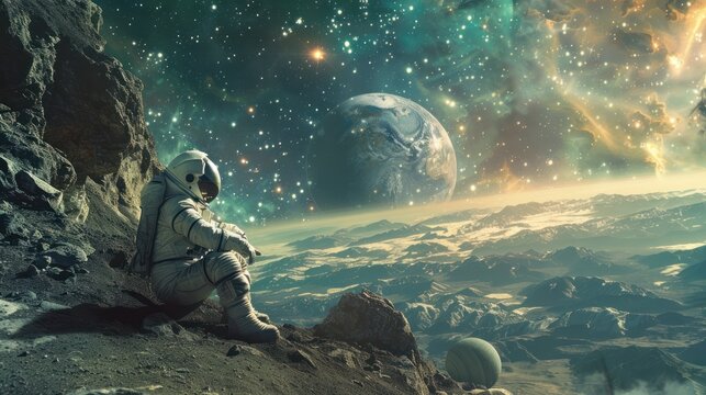 astronauta se encuentra junto al cohete en el espacio con planetas a su alrededor