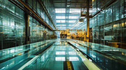 Glass factories manufacture glass for use in buildings and residences