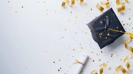 photograph of vertical light background for graduation invitation design. Graduation cap, diploma and gold confetti and streamers on a light white background with copy space for text.