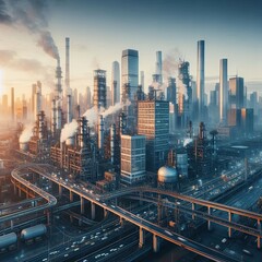 Fototapeta premium Industrial cityscape with towering buildings, bridges, and busy streets