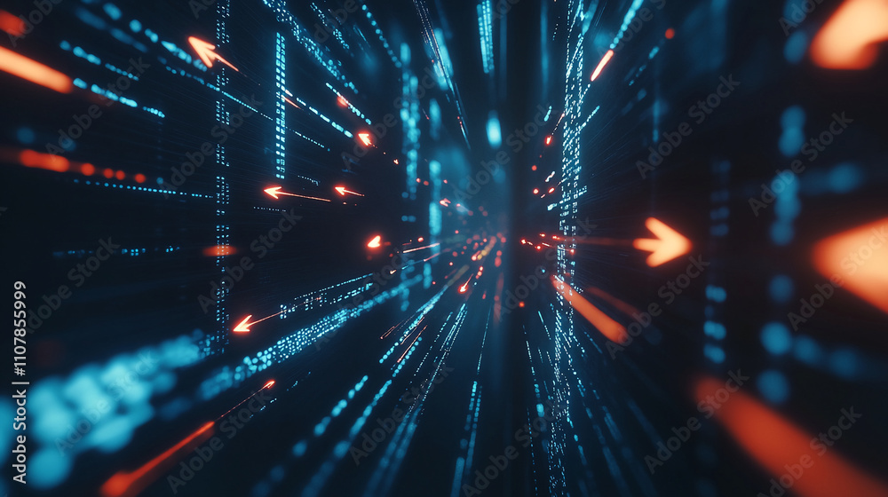 Poster immersive digital landscape showcasing vibrant blue and orange data streams at high speed