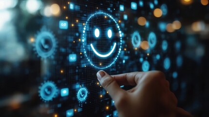 customer service and satisfaction concept business people touching the virtual screen on the happy smiley face icon to give satisfaction in service rating very impresse