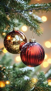 Embrace the vintage Christmas magic with a 4K animation, featuring golden lights gently moving through shimmering vintage glass ornaments in crimson and gold, hanging from Christmas tree branches
