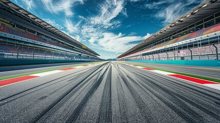 A dramatic perspective down a Formula 1 racetrack, showcasing tire marks and grandstands.