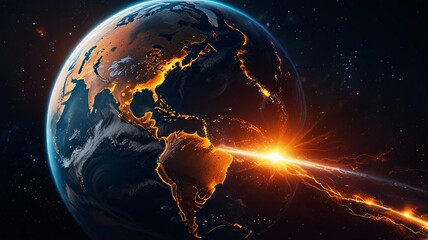 Glowing Earth from Space with Energy Arcs and Cosmic Lights V1