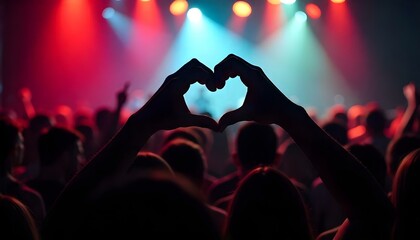 Hands making a heart shape against a blurred crowd of diverse individuals at a concert